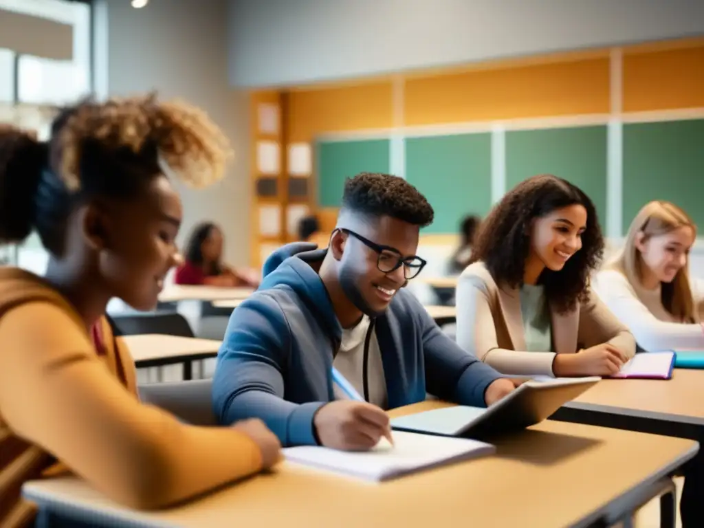 Un grupo diverso de estudiantes se reúne en una sesión de tutoría en un aula moderna y bien iluminada