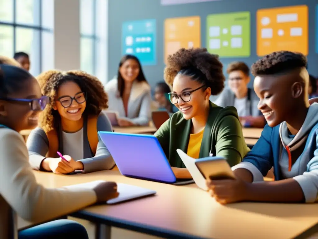 Aprendizaje personalizado: estudiantes entusiasmados en una moderna aula Un grupo diverso de estudiantes se sumerge en sesiones de tutoría personalizada con tecnología de vanguardia