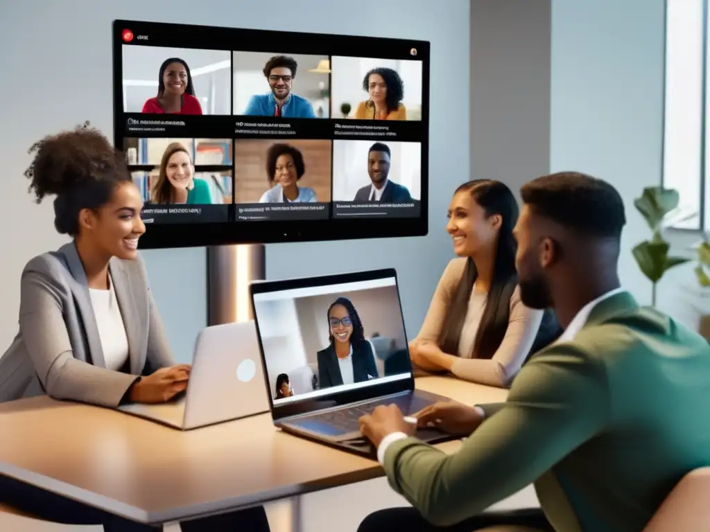 Conexión educativa: Tutor y estudiantes en videoconferencia Un grupo diverso de estudiantes y un tutor en una sesión de videoconferencia, mejorando la comunicación en tutorías virtuales