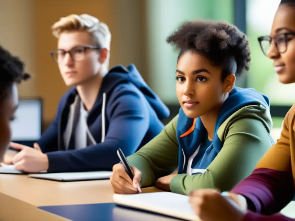 Un grupo diverso de estudiantes se concentra intensamente en una tutoría, mientras su tutor atiende y guía