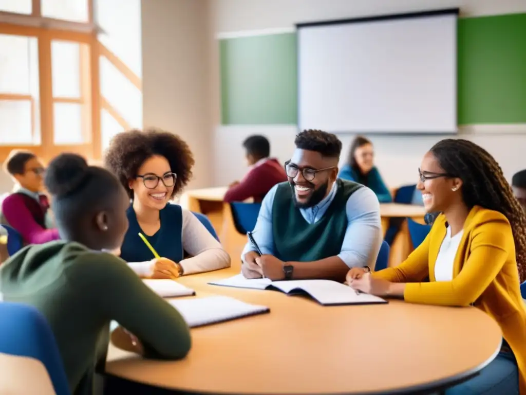 Un grupo diverso de estudiantes participa activamente en una tutoría, guiados por un educador