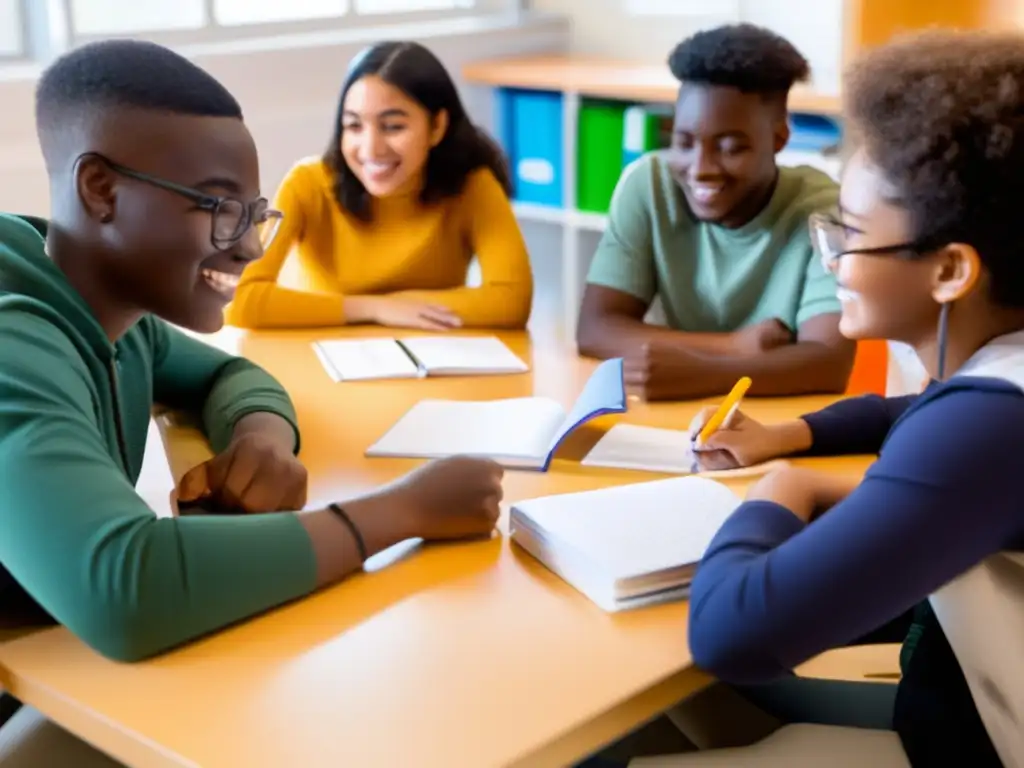 Un grupo diverso de estudiantes participa activamente en una tutoría académica en un aula luminosa