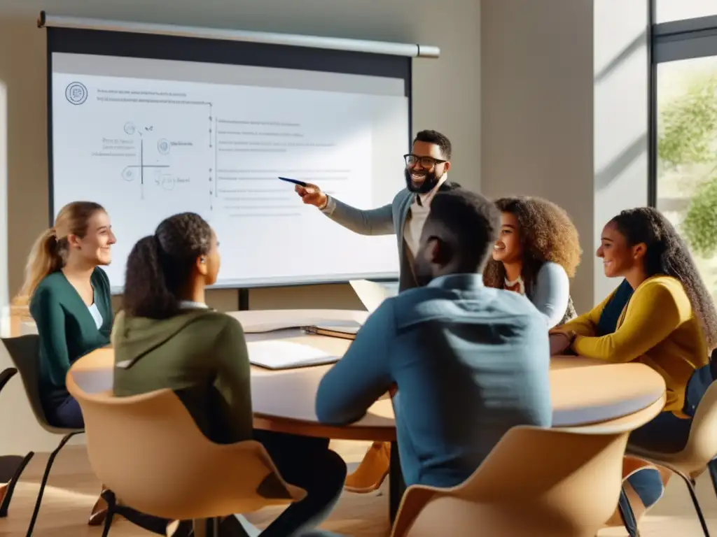 Un grupo diverso de estudiantes participa activamente en una tutoría especializada mientras el tutor destaca la Modificabilidad Cognitiva Estructural