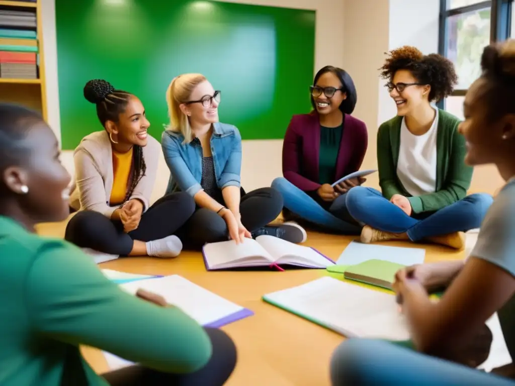 Un grupo diverso de estudiantes se encuentra en una tutoría, discutiendo animadamente