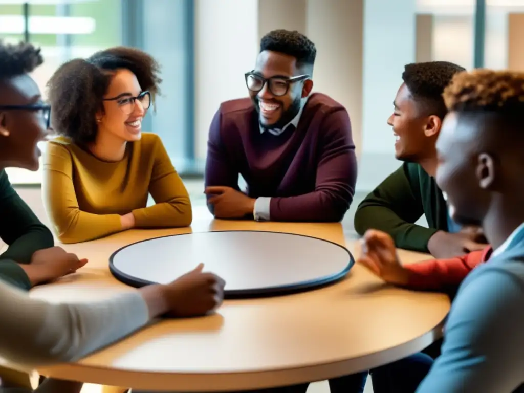 Un grupo diverso de estudiantes participa activamente en una tutoría, intercambiando ideas con entusiasmo