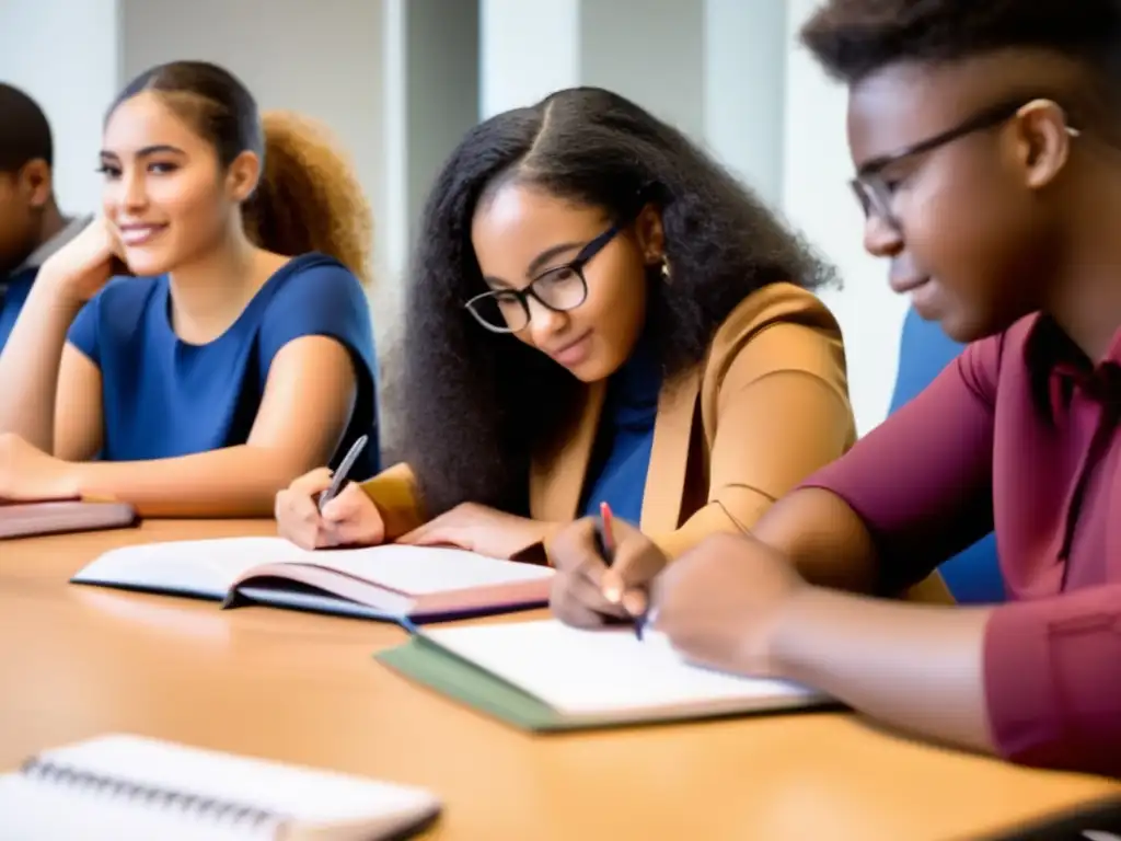 Un grupo diverso de estudiantes participa activamente en una tutoría, rodeados de apuntes y escuchando atentamente al tutor