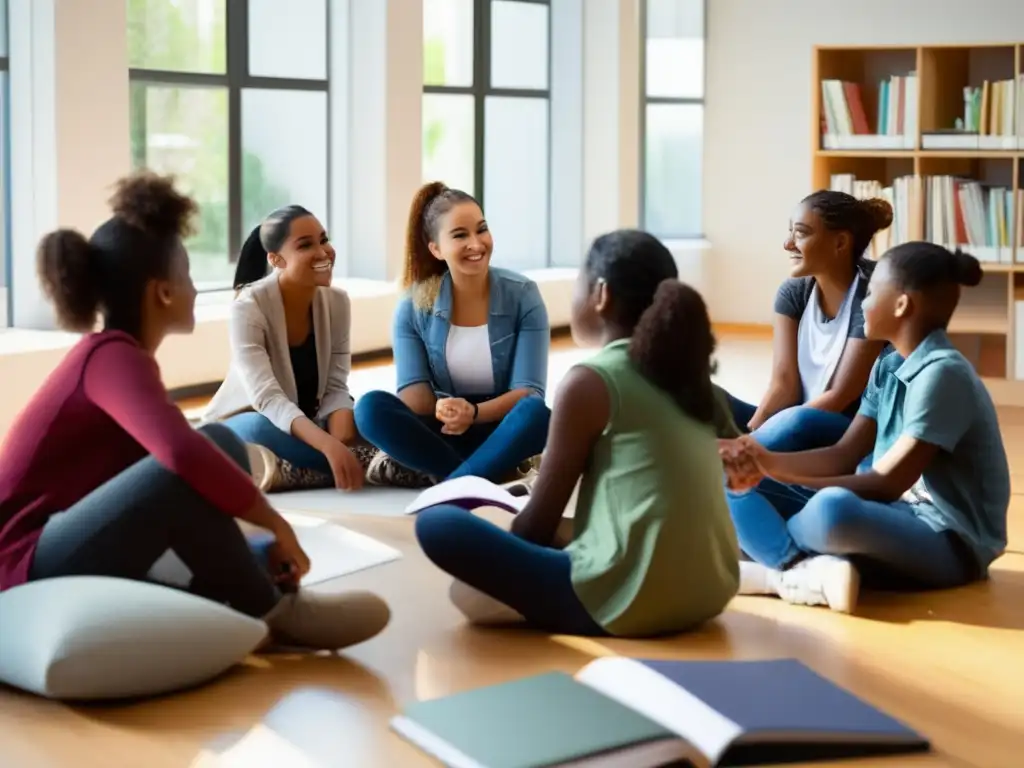 Un grupo diverso de jóvenes estudiantes participa en una tutoría especializada en resiliencia juvenil