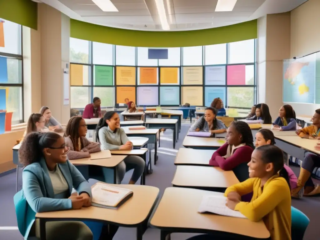 Un grupo diverso de estudiantes participa activamente en tutorías especializadas inclusivas en un aula luminosa y acogedora