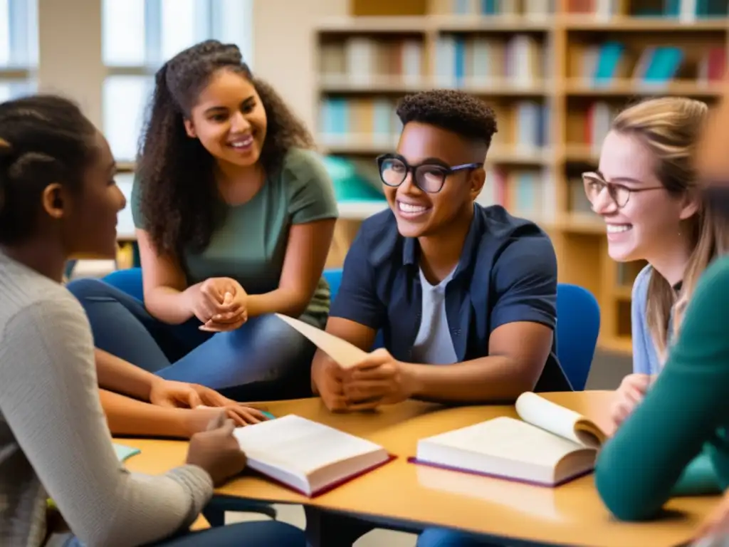 Un grupo diverso de estudiantes participa en tutorías de literatura de inmigración, inmersos en una animada discusión académica