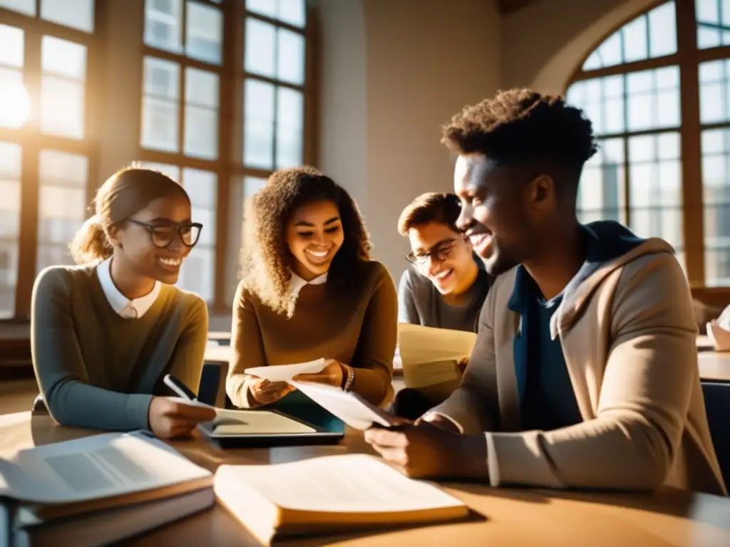 Un grupo diverso de estudiantes universitarios discute apasionadamente la historia del Euro, rodeados de libros y documentos