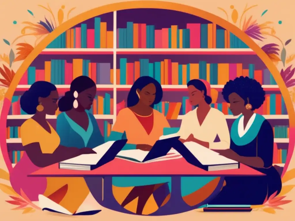 Un grupo diverso de grandes autoras literarias inspiradoras se reúnen en una mesa redonda rodeada de estanterías repletas de libros, cada una inmersa en su trabajo creativo, representando la riqueza y diversidad de la literatura femenina a lo largo de la historia