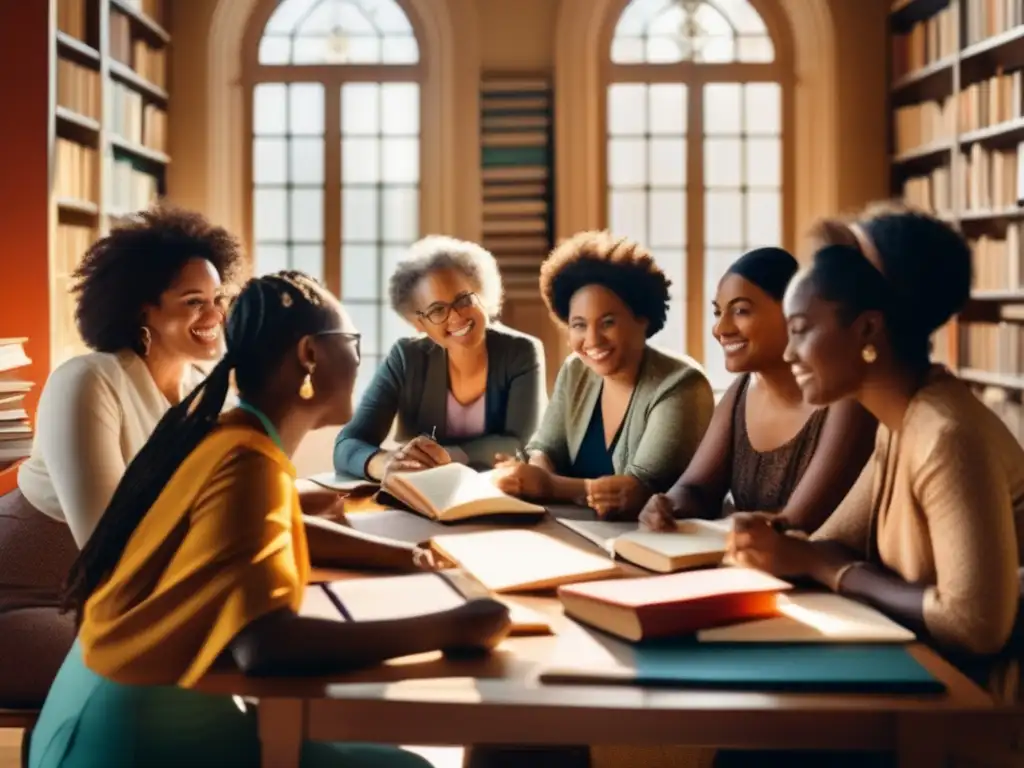 Un grupo diverso de grandes autoras literatura inspiradoras, reunidas en una mesa llena de libros en una habitación soleada, compartiendo ideas y energía creativa