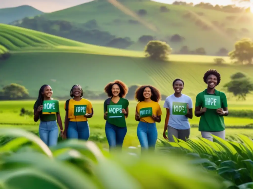 Un grupo diverso de jóvenes activistas ambientales se reúne en un campo verde exuberante, simbolizando esperanza y unidad