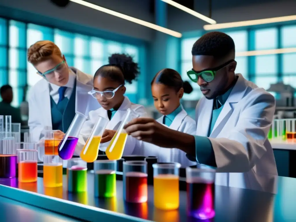 Un fascinante experimento químico: estudiantes curiosos en un laboratorio futurista Un grupo diverso de jóvenes estudiantes se sumerge en un emocionante experimento químico en un moderno laboratorio