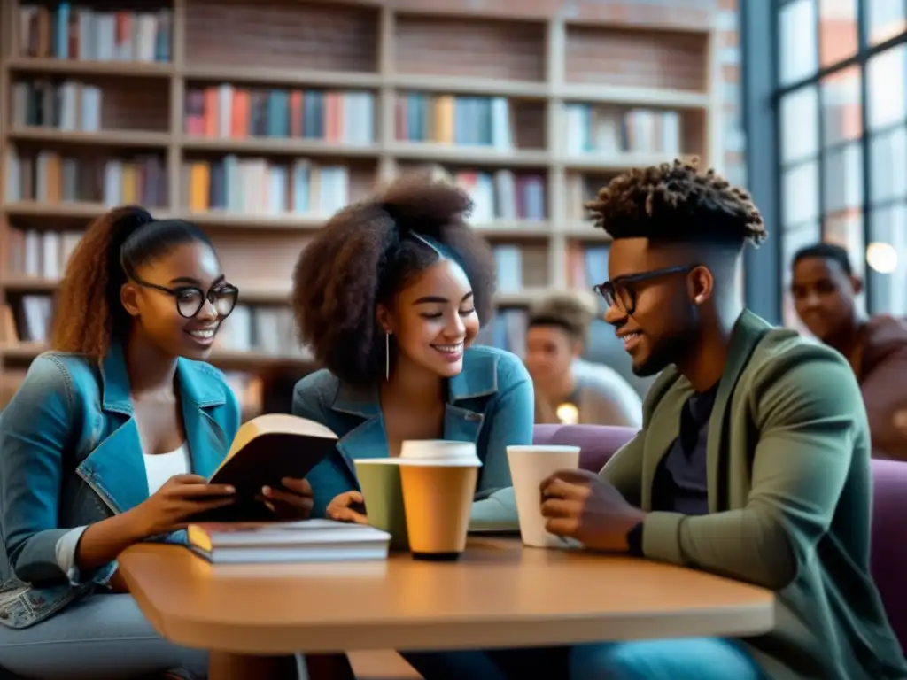 Un grupo diverso de jóvenes lee libros con portadas modernas en un café vibrante, reflejando la literatura juvenil contemporánea sin estereotipos