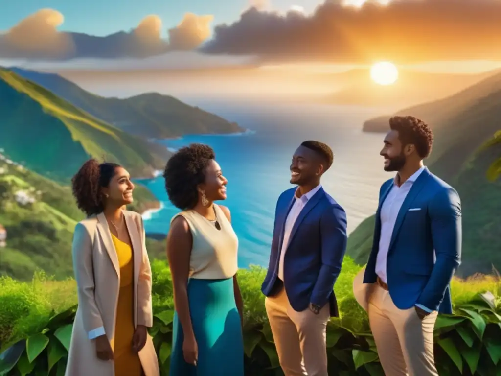 Un grupo diverso de jóvenes líderes destaca en un paisaje de montañas verdes y un océano azul