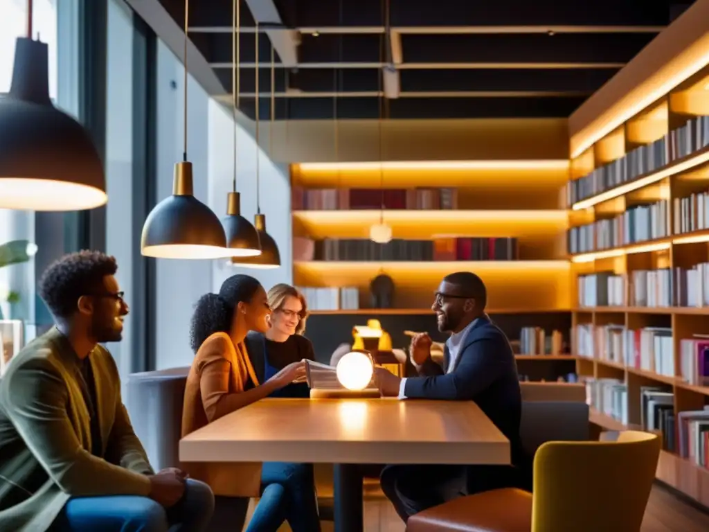 Un grupo diverso conversa y comparte libros en un vibrante café literario, reflejando la importancia de la identidad en la literatura actual