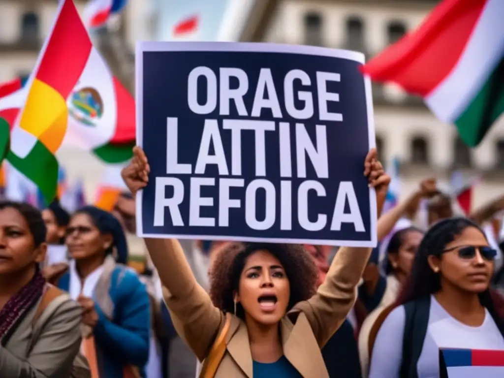 Un grupo diverso de manifestantes sostiene pancartas, exigiendo reformas sobre el impacto de la guerra contra las drogas en América Latina, frente a un edificio gubernamental