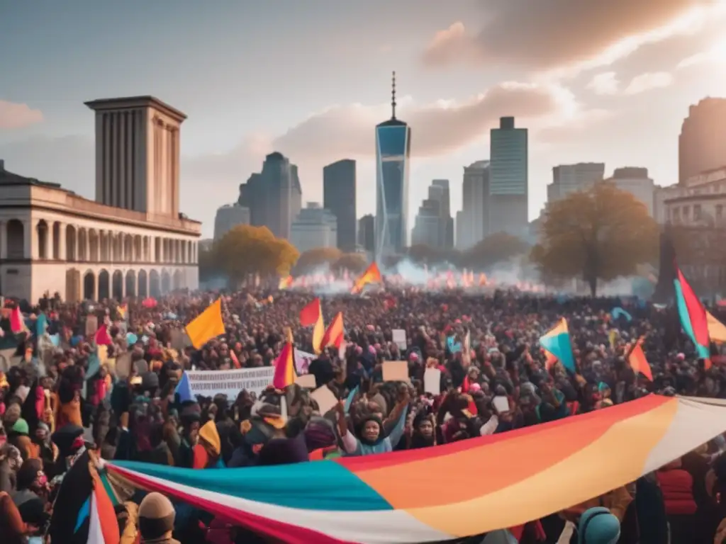 Un grupo diverso de manifestantes con puños en alto y pancartas coloridas se reúne en una plaza de la ciudad