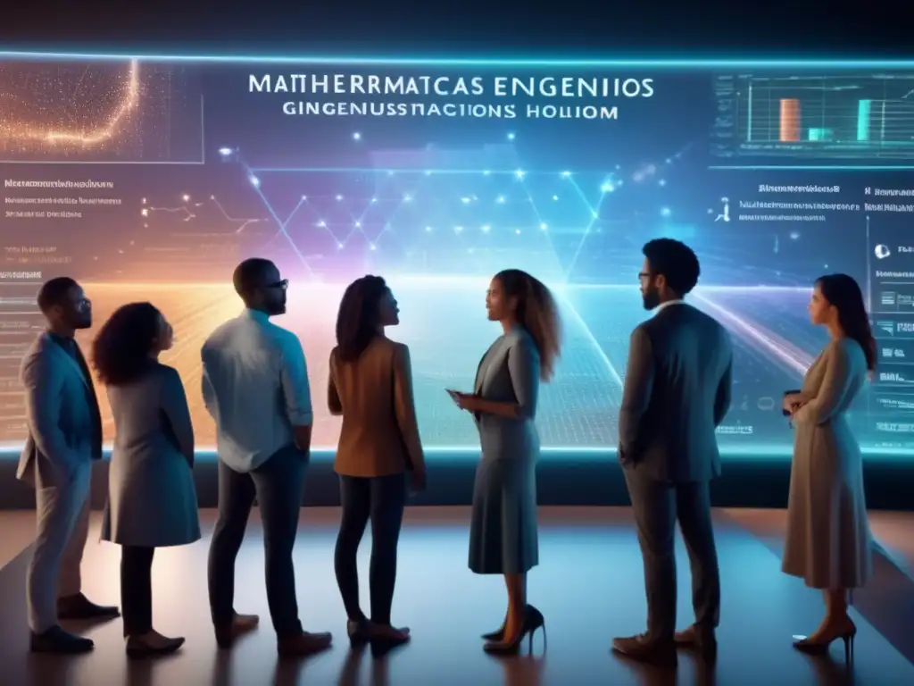 Un grupo diverso de matemáticos se reúne entusiasmado alrededor de una pantalla holográfica futurista