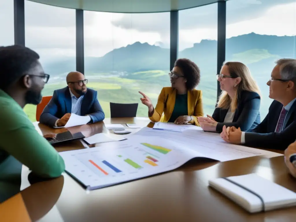 Un grupo diverso se reúne en una mesa con gráficos y mapas sobre el cambio climático