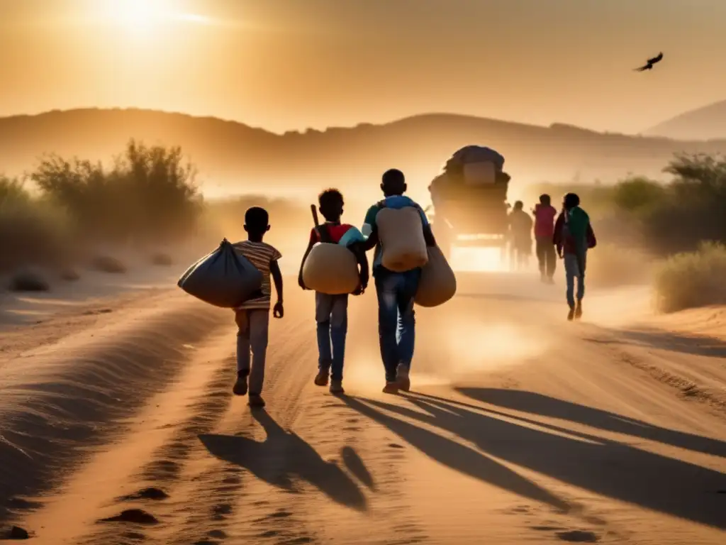 Un grupo diverso de migrantes camina por un polvoriento camino, llevando sus pertenencias y acompañados de niños