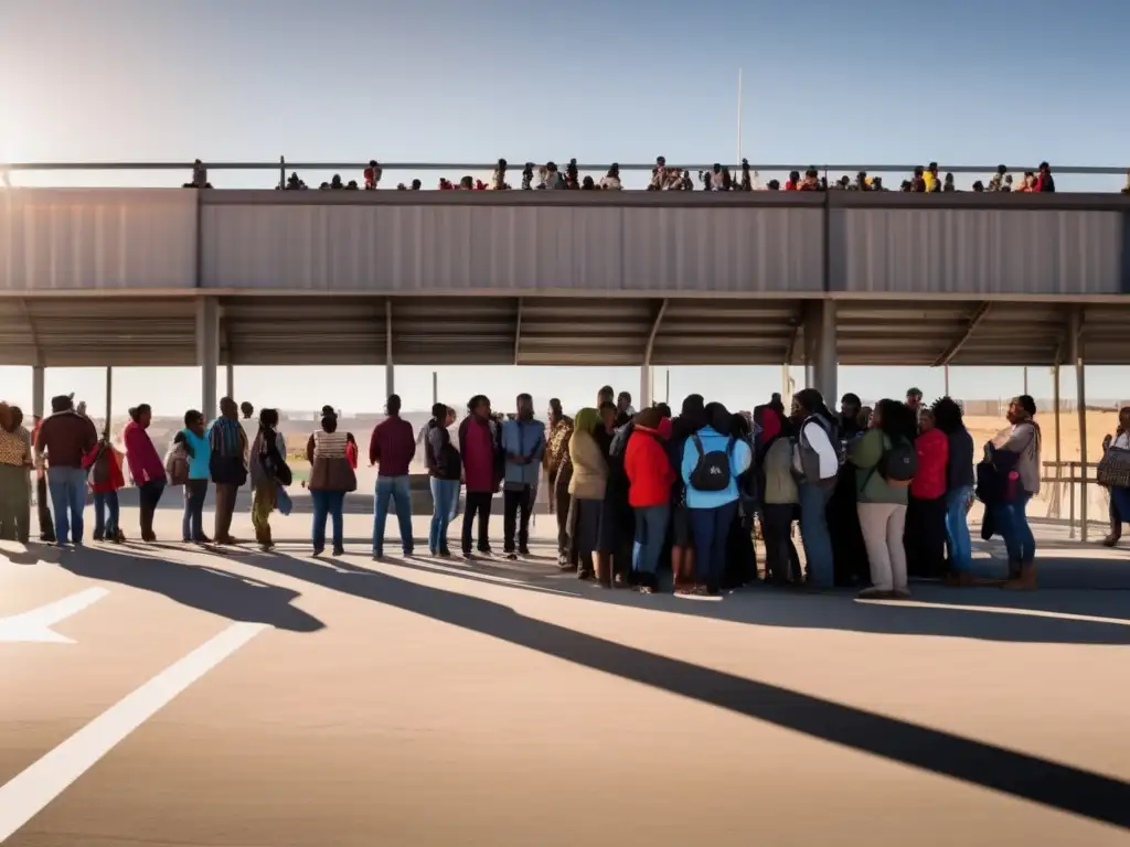 Un grupo diverso de migrantes espera en un punto de control fronterizo, mostrando emociones encontradas bajo el sol brillante