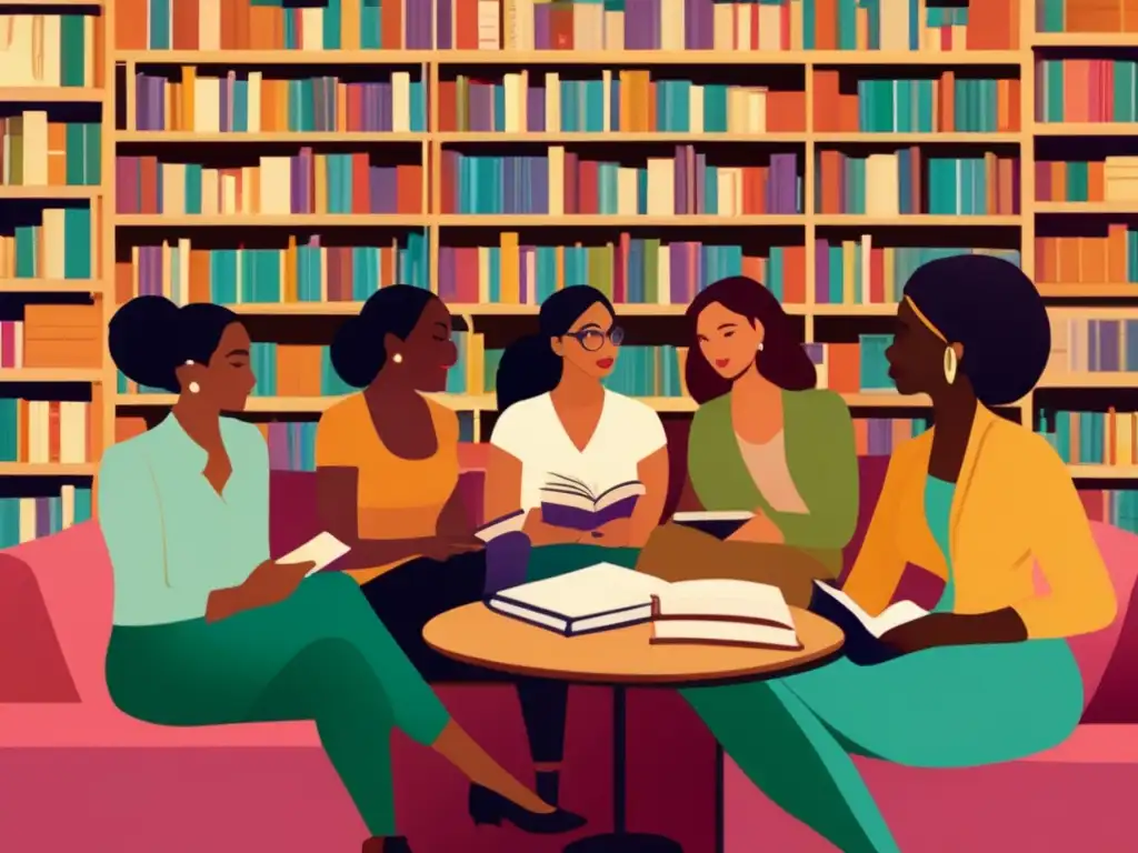 Un grupo diverso de mujeres conversa animadamente en una biblioteca, rodeadas de libros sobre feminismo en la literatura contemporánea