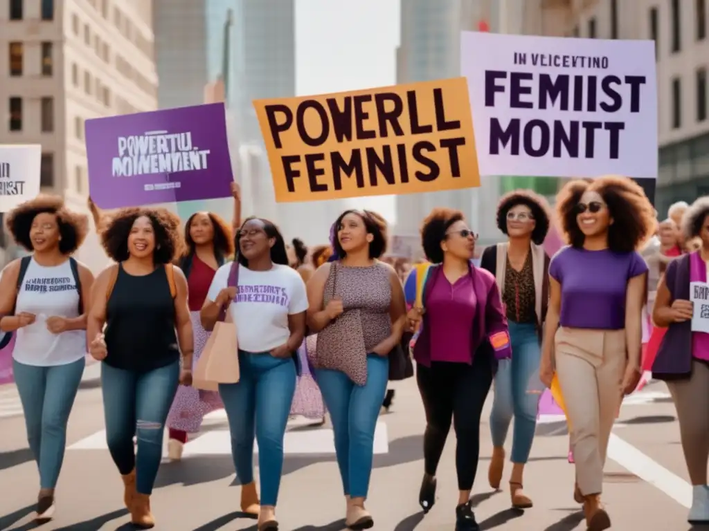 Un grupo diverso de mujeres marcha en la calle de una ciudad, sosteniendo pancartas con lemas feministas