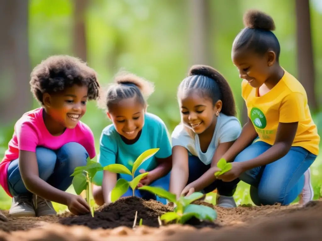 Grupo diverso de niños disfrutando actividades educativas sobre el medio ambiente