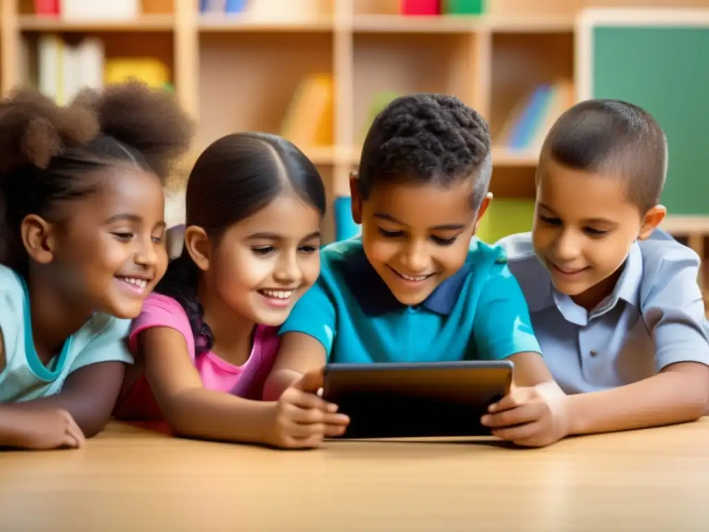Innovación tecnológica en tutorías para niños con necesidades especiales Un grupo diverso de niños se encuentra en un aula tecnológica avanzada, realizando actividades interactivas en tablets y laptops