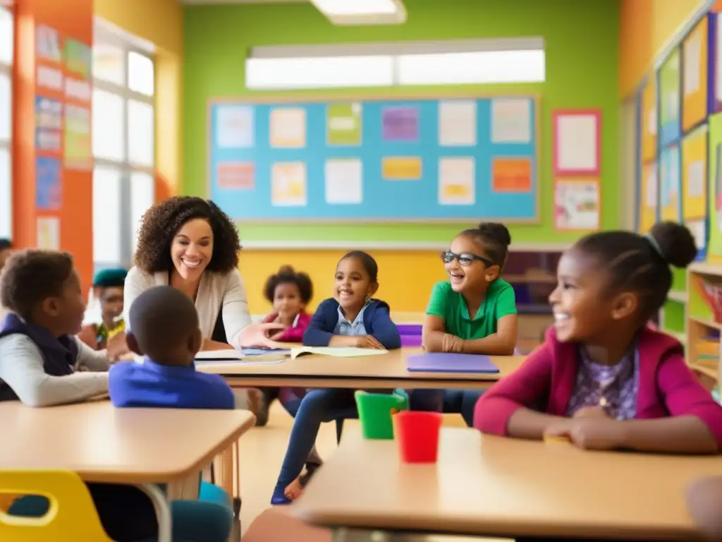 Un grupo diverso de niños se encuentra en un aula moderna y colorida, participando en una animada discusión