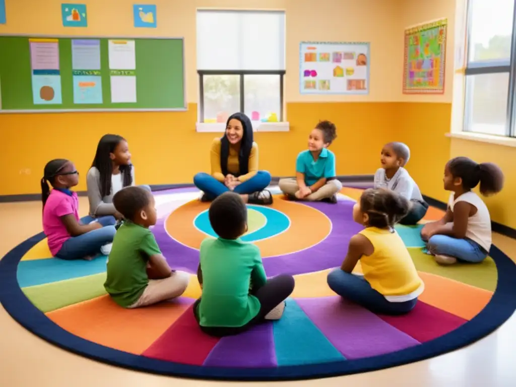 Un grupo diverso de niños se sienta en círculo en un aula iluminada, expresando sus ideas en una animada discusión