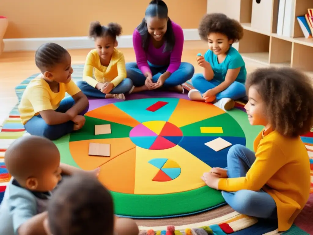 Un grupo diverso de niños de diferentes edades y etnias se encuentran en un círculo en una colorida alfombra, concentrados en actividades cognitivas