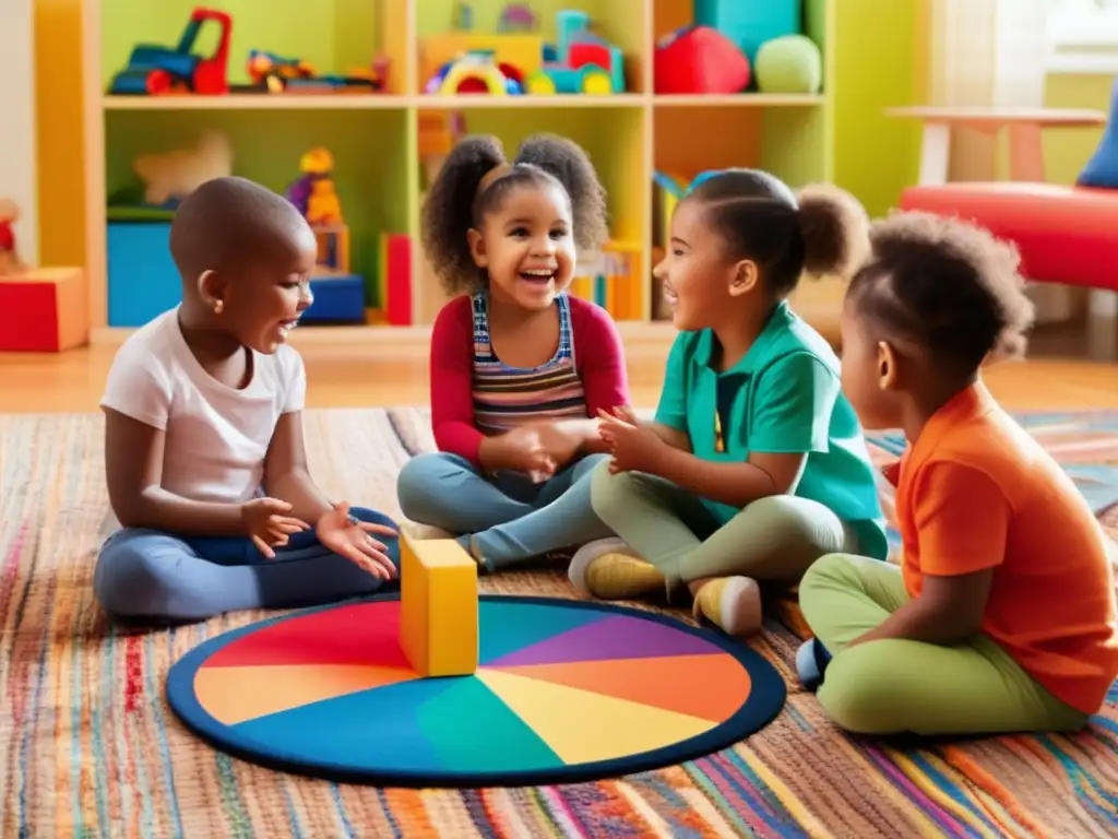 Un grupo diverso de niños participa con entusiasmo en una actividad de estimulación del lenguaje en tutorías