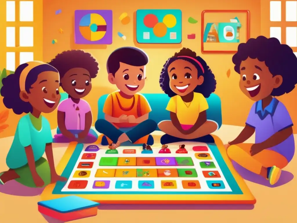 Un grupo diverso de niños se emociona y concentra en un juego educativo colaborativo