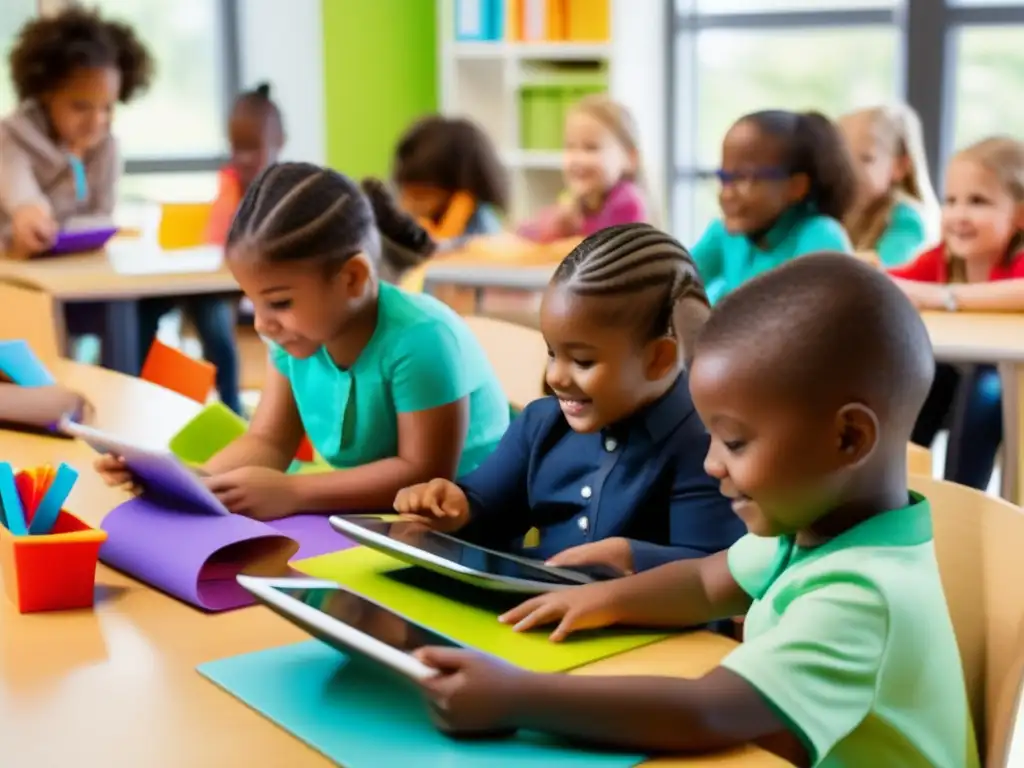 Un grupo diverso de niños se divierte y aprende juntos en un aula moderna