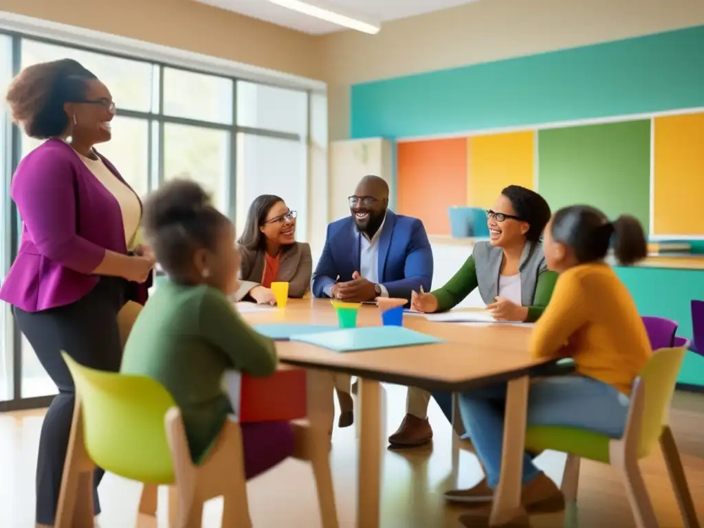 Un grupo diverso de padres y maestros se reúnen en un aula luminosa, rodeados de materiales educativos coloridos en las paredes