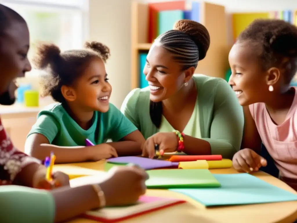 Un grupo diverso de padres y niños se reúnen en un aula luminosa para discutir la importancia de la participación familiar en tutorías inclusivas