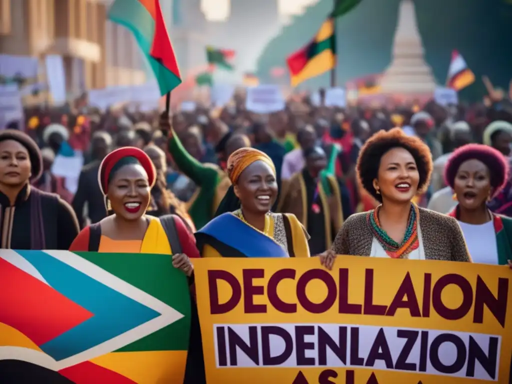 Un grupo diverso marcha con pancartas por la independencia en África y Asia