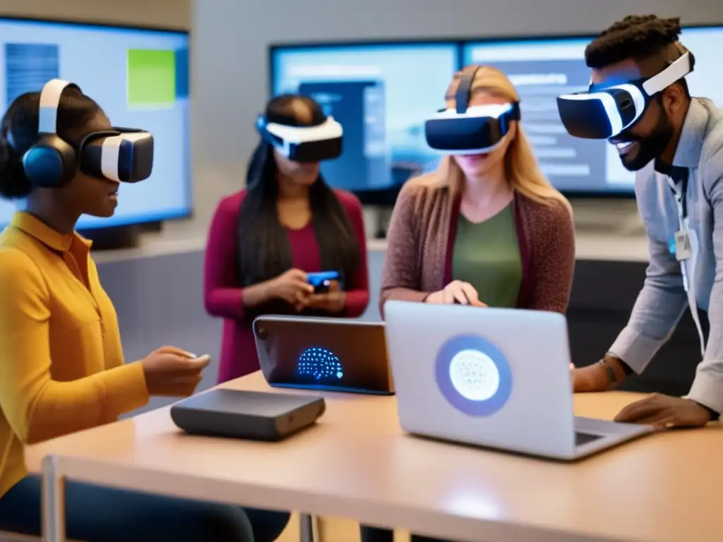 Un grupo diverso de personas se sumerge en diversas actividades de aprendizaje, desde realidad virtual hasta experimentos científicos