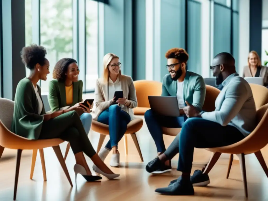 Un grupo diverso de personas conversa animadamente en un espacio moderno, sosteniendo dispositivos tecnológicos