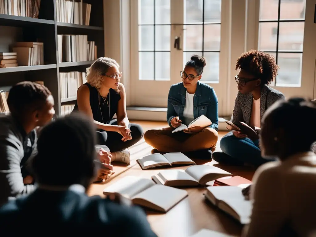 Un grupo diverso de personas discute estrategias de promoción literaria durante una crisis, rodeado de libros y material de escritura