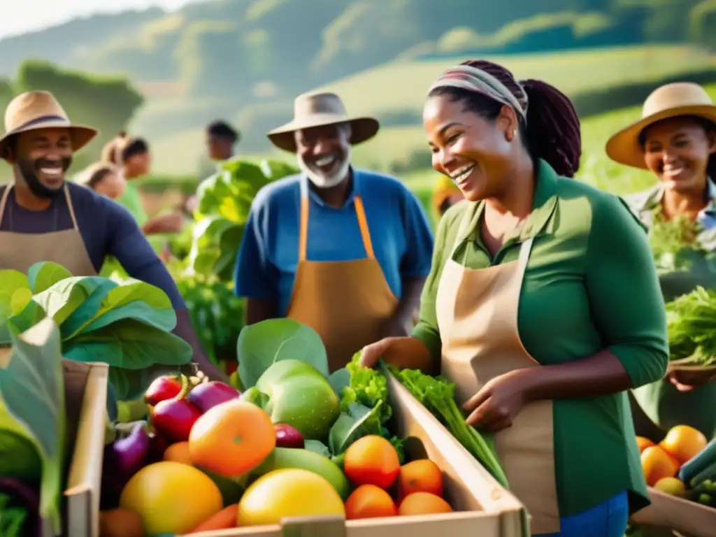 Un grupo diverso de personas sonríe mientras cosecha frutas y verduras orgánicas en una granja soleada, transmitiendo conexión a la tierra y comunidad