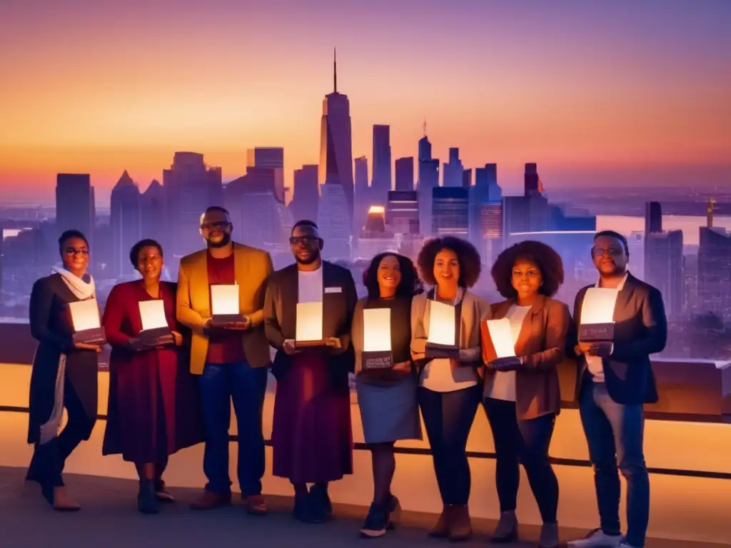 Un grupo diverso de personas sostiene libros con expresiones desafiantes, frente a un horizonte urbano al atardecer