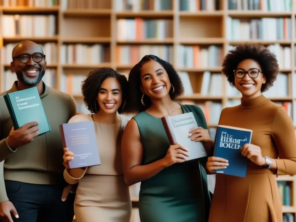 Un grupo diverso de personas sostiene libros con títulos en varios idiomas, resaltando la importancia de la identidad en la literatura actual