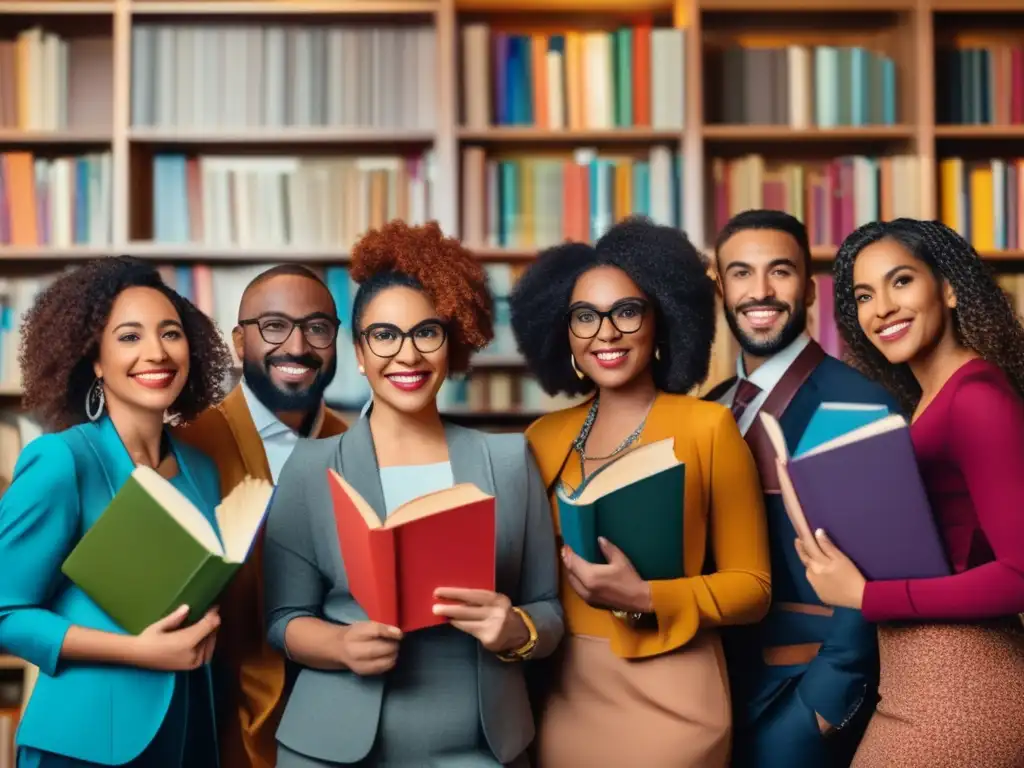 Un grupo diverso de personas sostiene libros coloridos en una librería moderna, reflejando la importancia de la identidad en la literatura actual