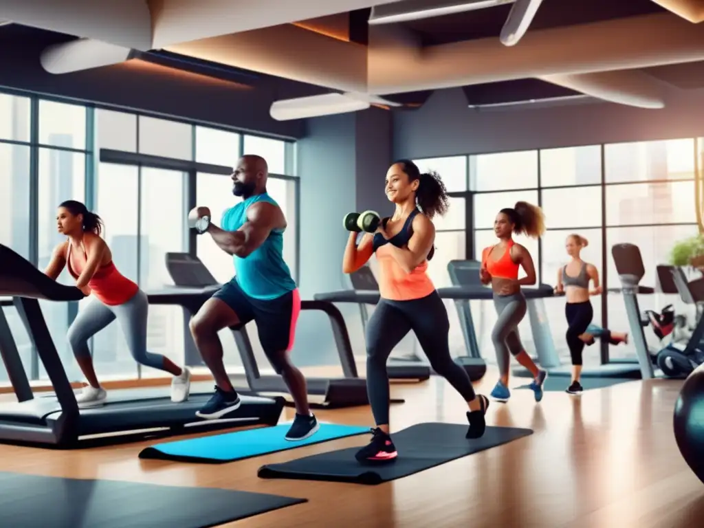 Un grupo diverso de personas se ejercita en un moderno gimnasio, con equipos de vanguardia y una iluminación dinámica