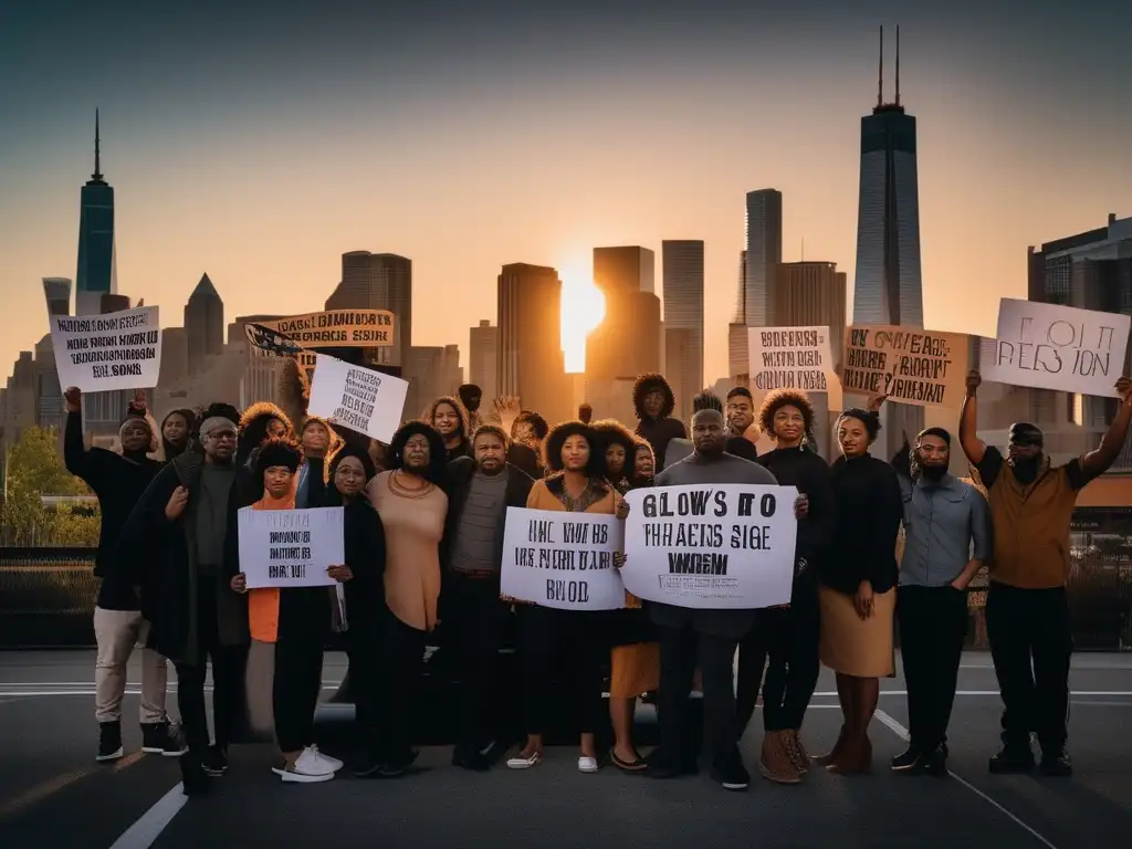 Un grupo diverso de personas de pie, sosteniendo pancartas con mensajes de resistencia en una ciudad al atardecer