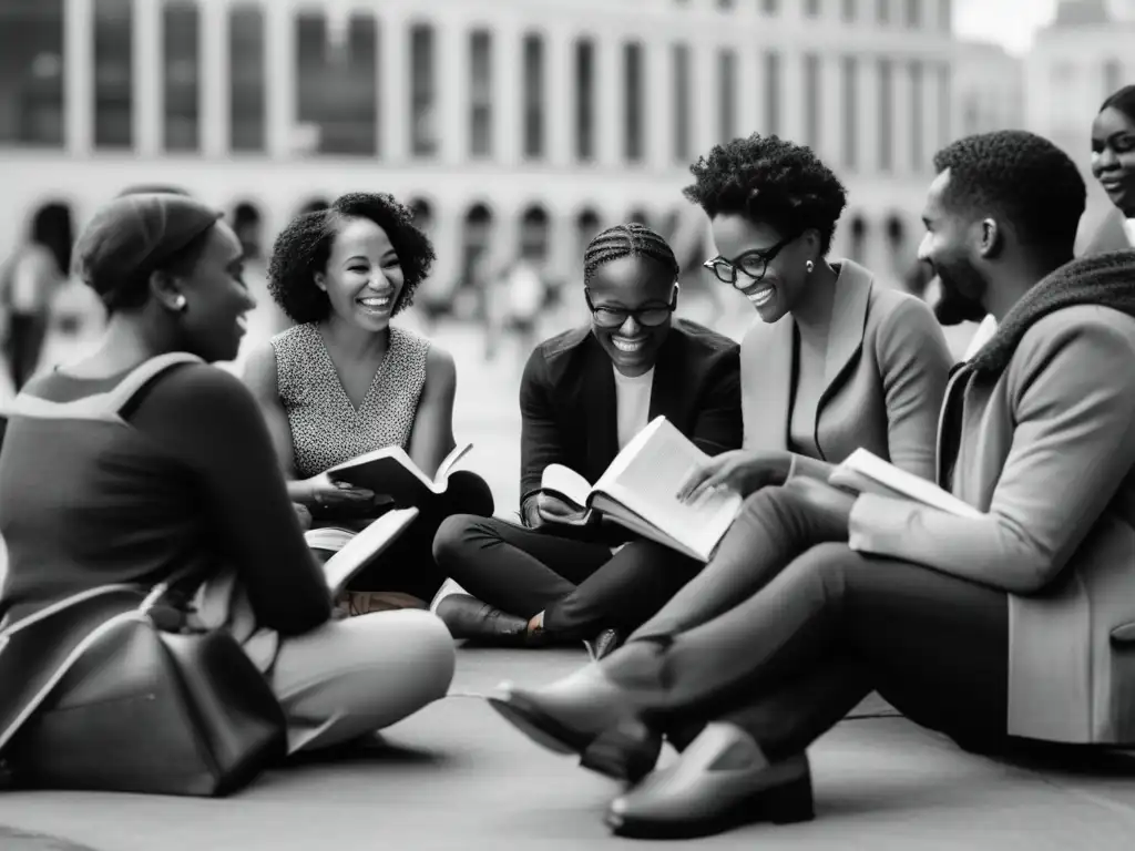 Un grupo diverso de personas se reúne en una plaza pública, compartiendo su pasión por la lectura y discutiendo libros